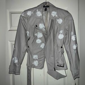 INC International Concepts Light Gray Embroidered Rose Moto Jacket